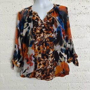 Figueroa & Flower Womens Top PL Orange Blue Floral Watercolor 3/4 Sleeve I11